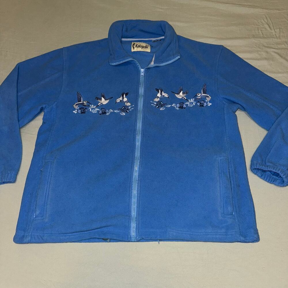 Kokopelli Fleece Jacket Blue Embroidered Birds Zip Up Men’s Size Large